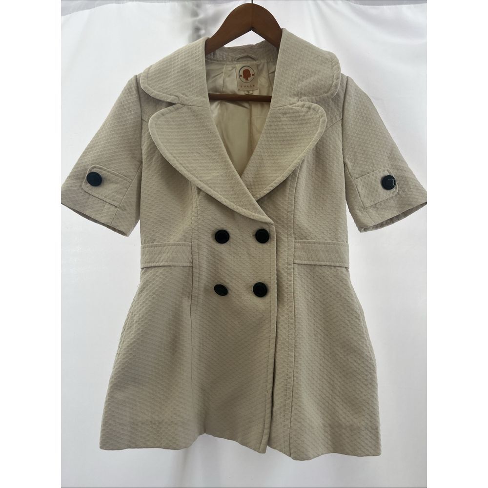 Vtg Tulle‎ Womens S Short Sleeve Jacket Cream Double Breasted Y2K Workplace